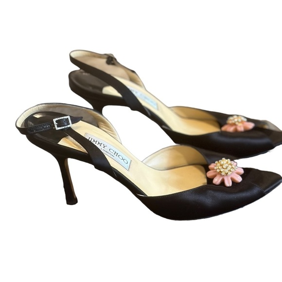 Jimmy Choo Crystal Embellished Open Toe sling Back Satin Shoes BLK EU40 … - Picture 3 of 11